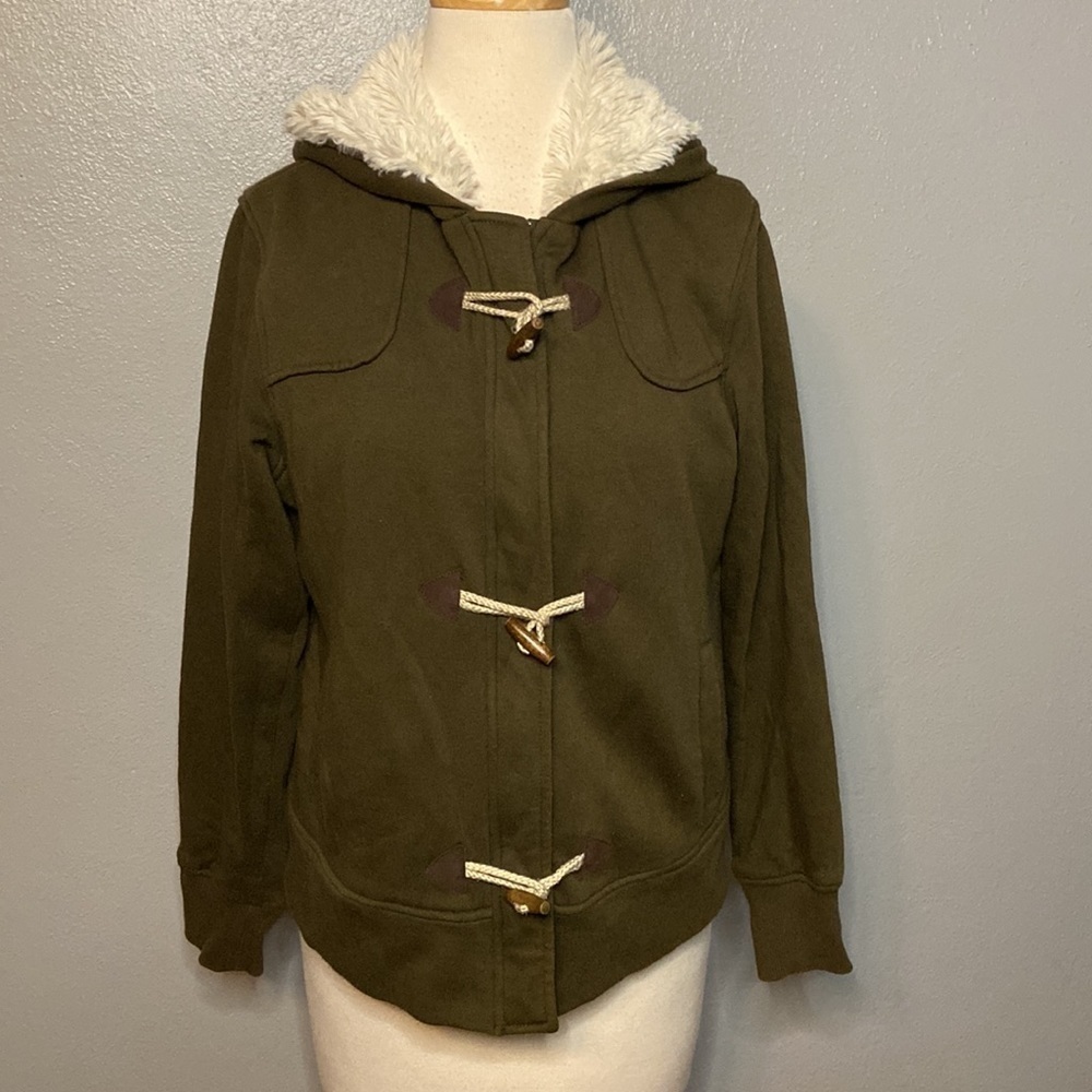 Y2K Ocean Pacific Hoodie Jacket Faux Fur Hood Green Junior Large